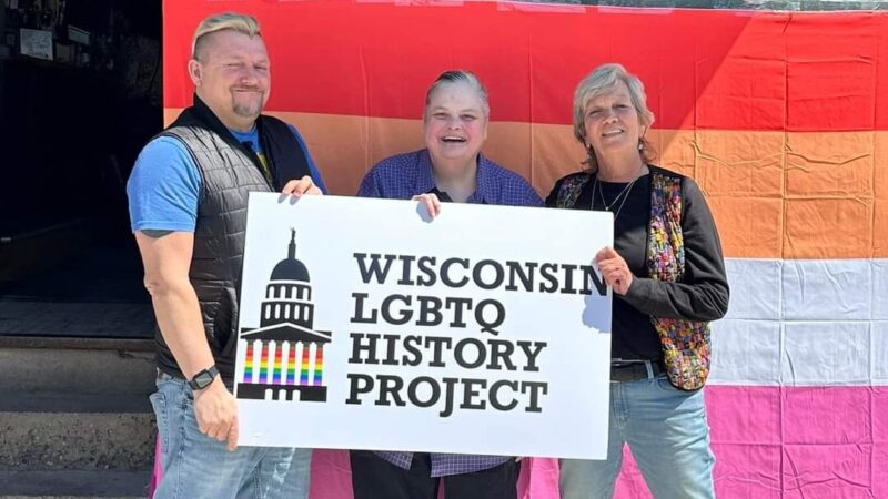 The Wisconsin LGBTQ History Project at Lesbian Visibility Week in Walker’s Point. From left to right Michail Takach, Diane Gregory, and Stephanie Hume. (Picture by Diane Gregory)
